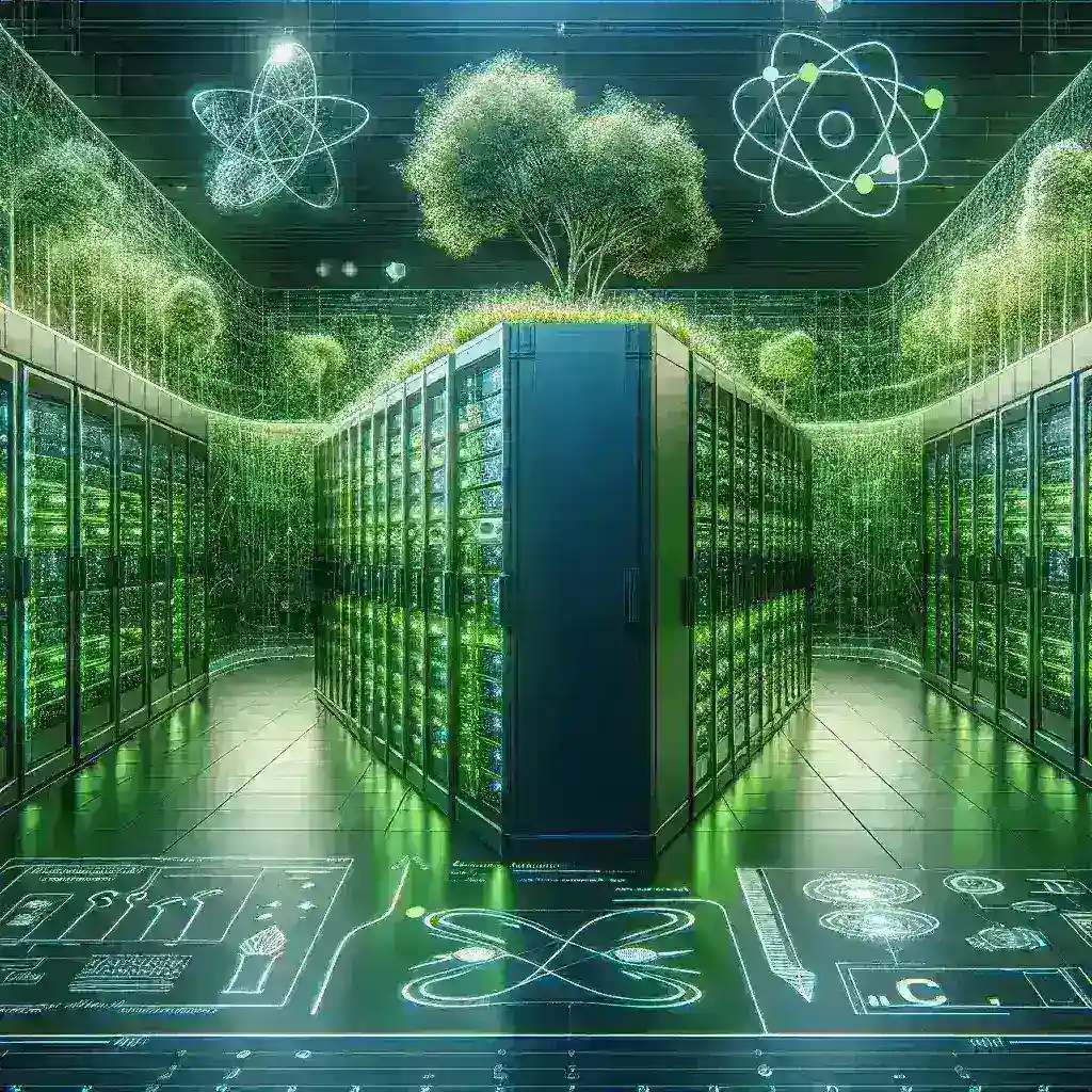 "Ilustrasi data center ramah lingkungan yang menerapkan efisiensi energi dan sertifikasi green dalam proyek AI kuantum, menampilkan teknologi canggih dan desain berkelanjutan."