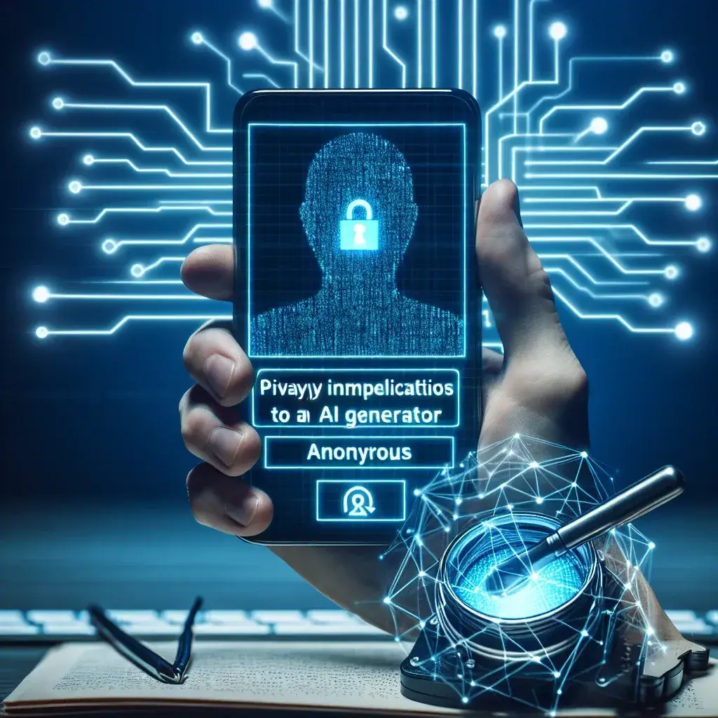 "Ilustrasi swafoto di depan layar komputer dengan teks 'Mengunggah Swafoto ke Generator AI' yang menggambarkan implikasi privasi dan keamanan data pengguna yang berkaitan dengan teknologi AI."
